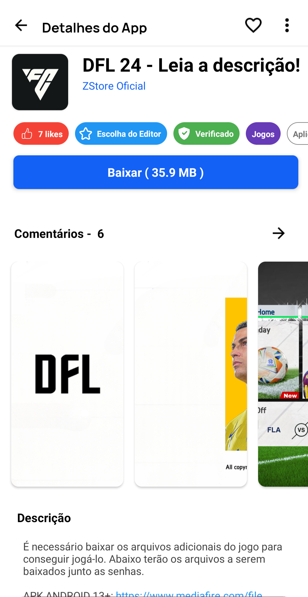 Tela de detalhes de um jogo no aplicativo ZStore, com informações e botão de download